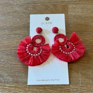 NWT J.Crew Hot Pink Raffia Fan Drop Earrings with Pearl Accents